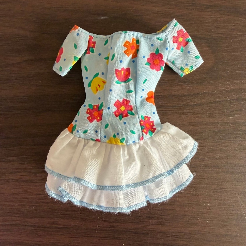 Vintage Mattel Barbie Blue Floral Ruffle Mini Dress Doll Clothes Accessory 90s